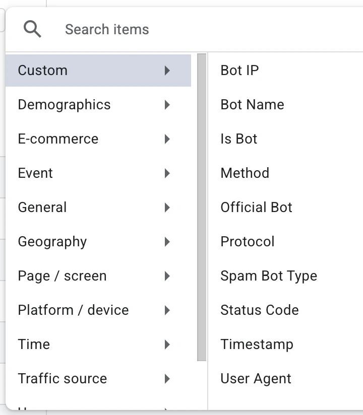 The Google Analytics dimension picker with the Custom category selected, listing Bot IP, Bot Name, Is Bot, Method, Official Bot, Protocol, Spam Bot Type, Status Code, Timestamp and User Agent.