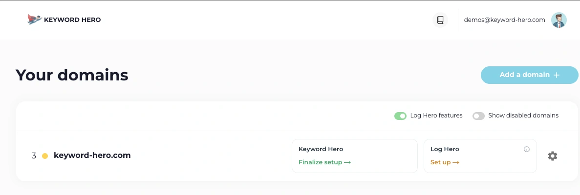 The Your domains list, with a domain row showing a Keyword Hero card and a Log Hero card marked NOT SET with a Set up Log Hero link.
